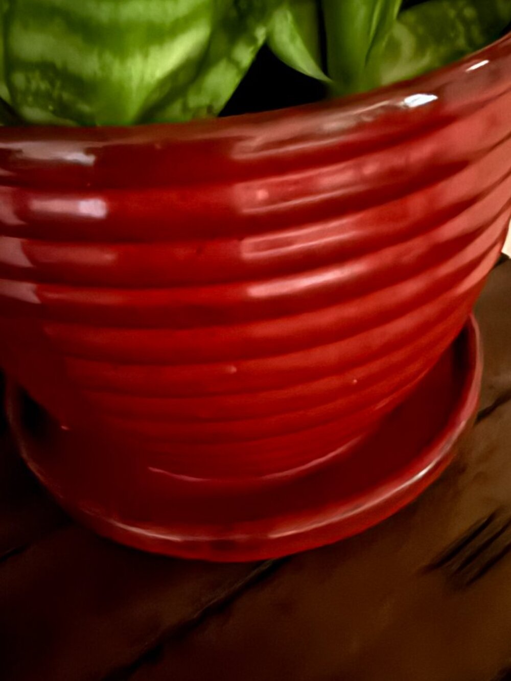 Red Ribbed Ceramic Plant Pot Attached Saucer Tray Modern Farmhouse Planter 8"x6" - Picture 3 of 4
